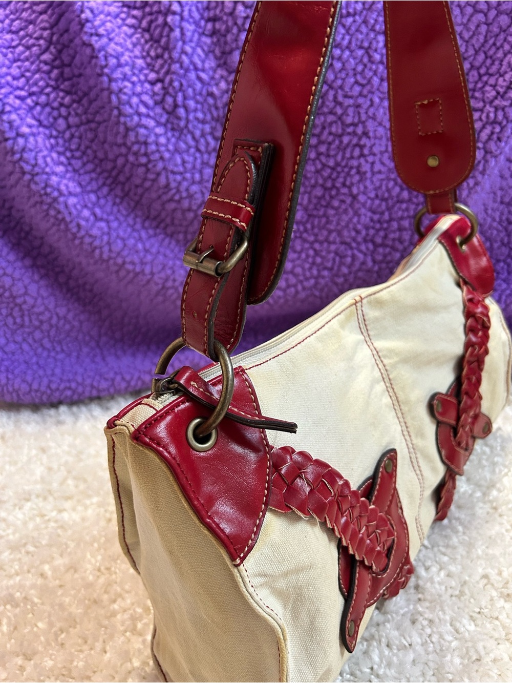 Maurizio Taiuti Cream Shoulder Bag with Red Braided Accents - Picture 4 of 6